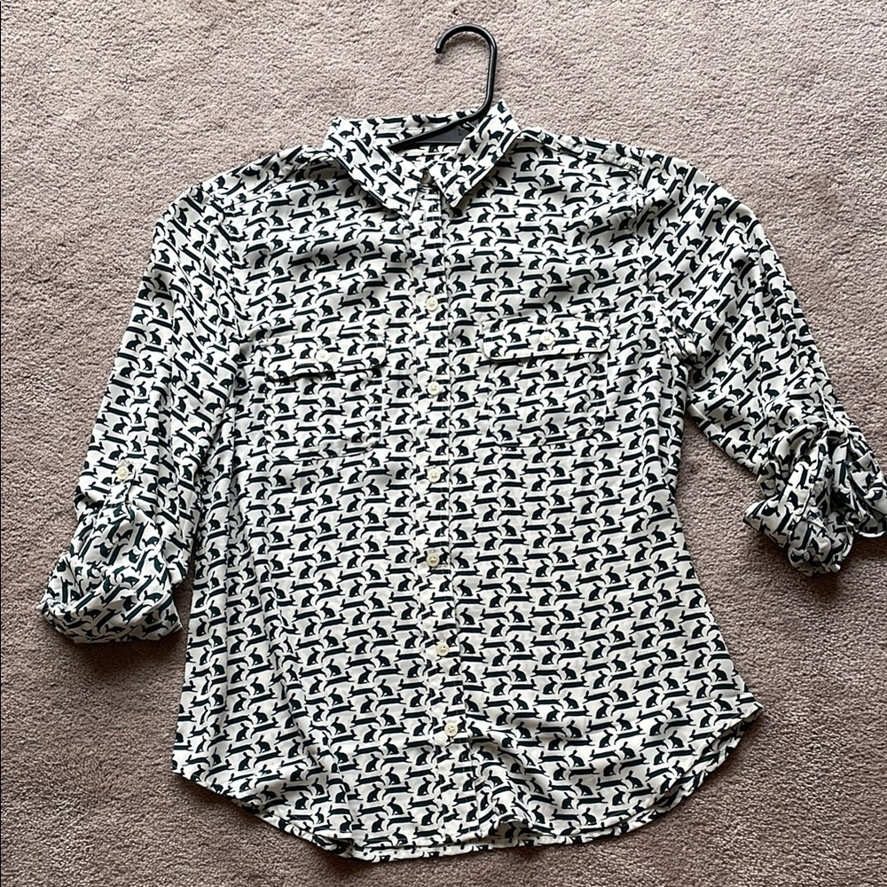 LOFT Dark Green Bunny Rabbit Patterned Blouse Camp Shirt S